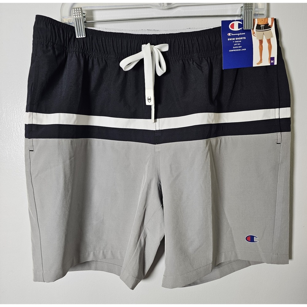 CHAMPION Block 7" Swim Shorts Black Gray Men's Sz M Medium Swimwear NWT